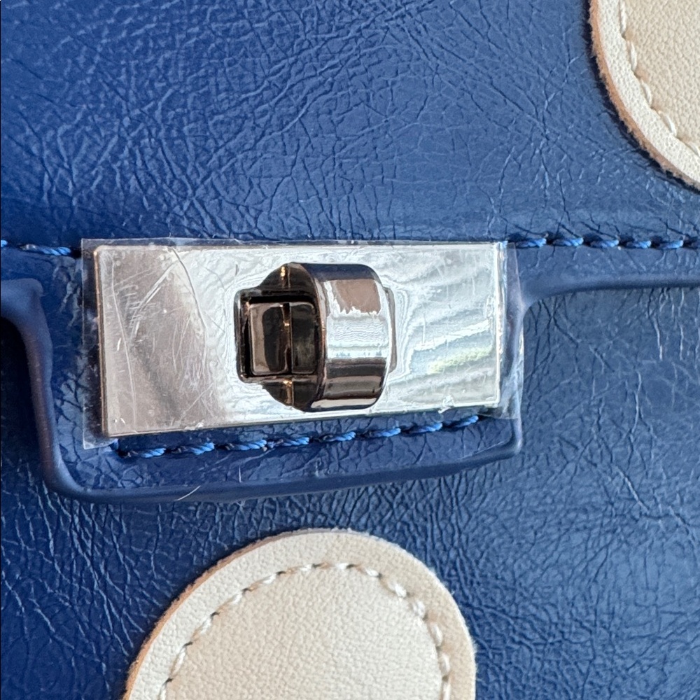 Melie Bianco Anthropologie Navy Blue Mini Top-Handle Bag with Cream Polka Dots - Picture 7 of 10